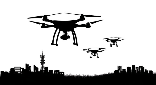 Three black drones flying over a city skyline at sunset isolated on white background