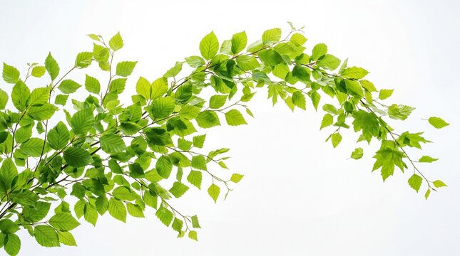Vibrant green birch tree branch with fresh leaves arching against isolated white background