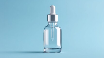 Fototapeta premium Clear Glass Dropper Bottle on Soft Blue Background Ideal for Cosmetic or Pharmaceutical Use