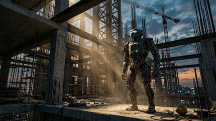 Naklejka premium Futuristic Humanoid Robot Standing on High-Rise Building Construction Site at Sunset with Cinematic Sunbeams