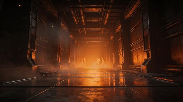 industrial hallway orange glow smoke in metal corridor at night