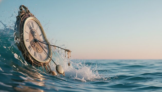 Surreal Melting Clock Rising From Ocean Waves at Sunset