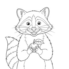 Obraz premium Cute Raccoon Holding an Apple, Outline Drawing, Coloring Page