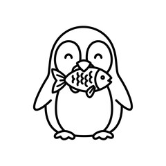 Fototapeta premium Cute penguin eating a fish, line art illustration