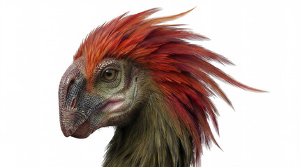 Fototapeta premium Close-up of Gigantoraptor erlianensis head isolated on white background, detailed reconstruction highlighting facial features and theropod anatomy. 