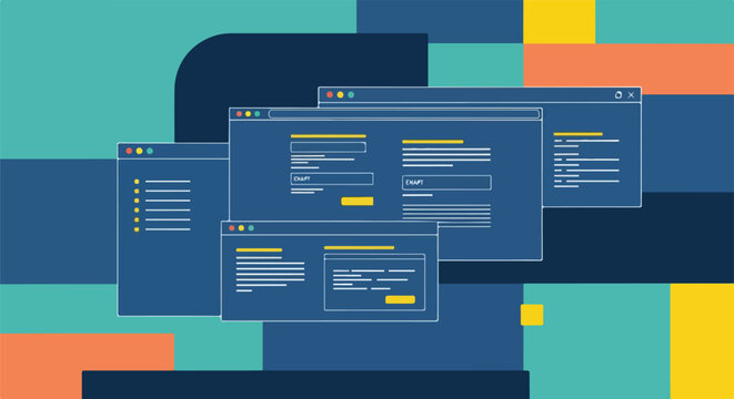 Illustration of multiple computer windows, modern design, blue theme