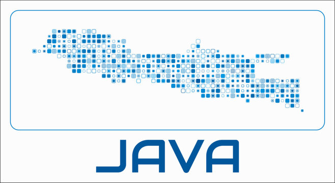 Java digital style map. Small roundedSquare dots on white background. Dotted shape of the island. Java map and title. Classy vector illustration.
