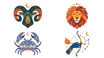Fototapeta premium Four stylized astrological zodiac signs including Aries, Leo, Cancer, and Sagittarius, adorned with celestial and decorative elements on a white background.