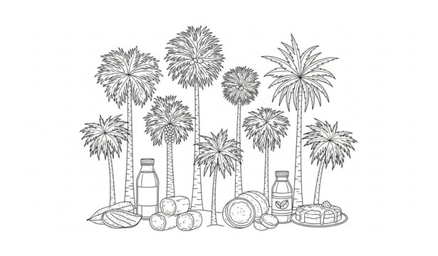 Palmyra palm tree line art with traditional food elements editable stroke tropical agriculture illustration