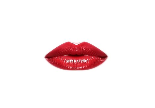 Close up image of glossy red lips with natural lip shape and subtle texture details