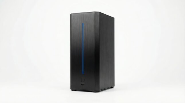 Modern Black Desktop Computer Tower Case with Blue LED Light Isolated on White Background