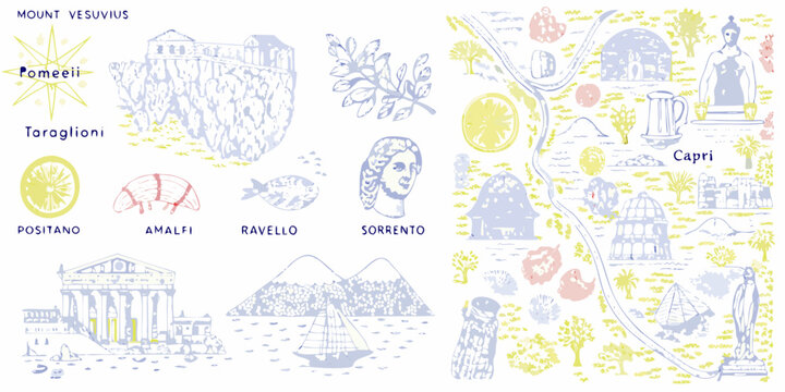 Illustrated map depicting landmarks and locations around the bay of Naples