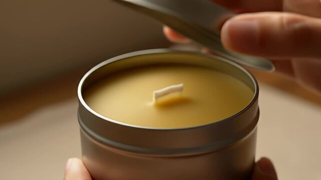 Hands opening a round silver metal tin container