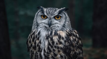 Naklejka premium Majestic Owl in Dark Forest Setting Captured in Stunning Detail with Striking Eyes and Textures
