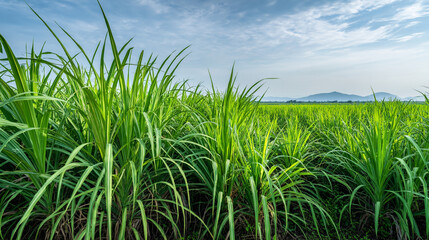 Obraz premium lush green field of tall grass under a blue sky with distant mountains
