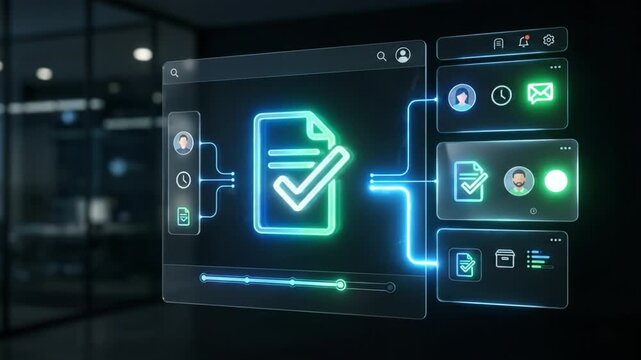 Digital document file checkmark interface neon technology screen dashboard workflow approval verification glowing interface data approval user interface file check online system office background