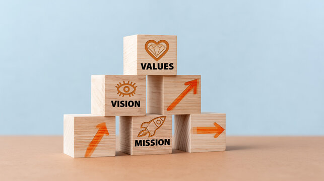 Wooden blocks arranged as a pyramid display essential business foundations.