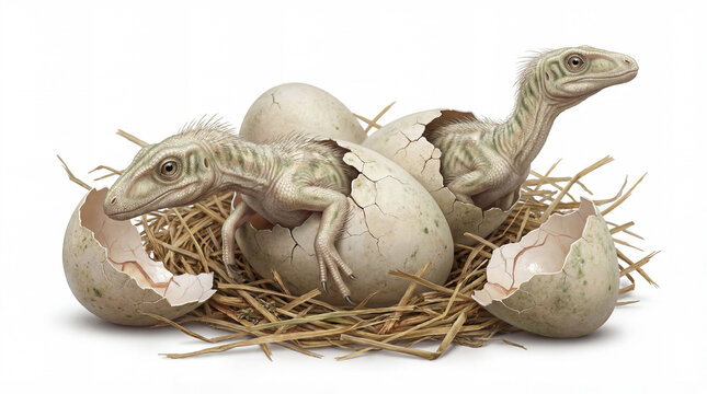 Nyasasaurus parringtoni hatchlings emerging from eggs closeup isolated on white background, detailed prehistoric scene showing birth and early dinosaur life stage.

