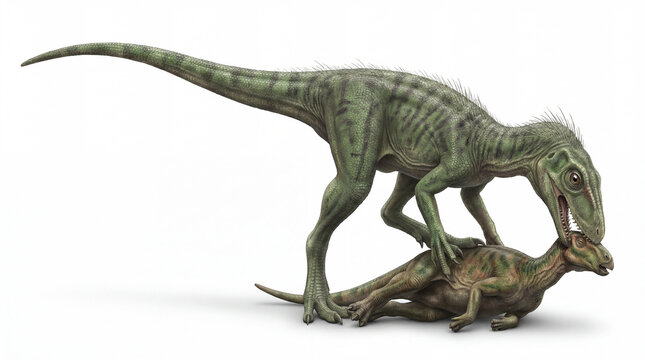 Nyasasaurus parringtoni pinning prey to the ground with its feet isolated on white background, detailed reconstruction showing predatory control and feeding behavior.
