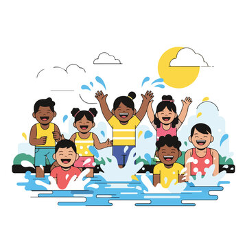 Group of diverse children splashing in water under sun and clouds