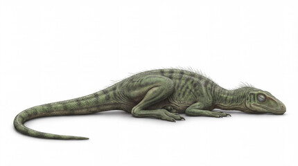 Fototapeta premium Nyasasaurus parringtoni lying down in sleeping pose isolated on white background, detailed reconstruction showing relaxed posture and early dinosaur resting behavior. 