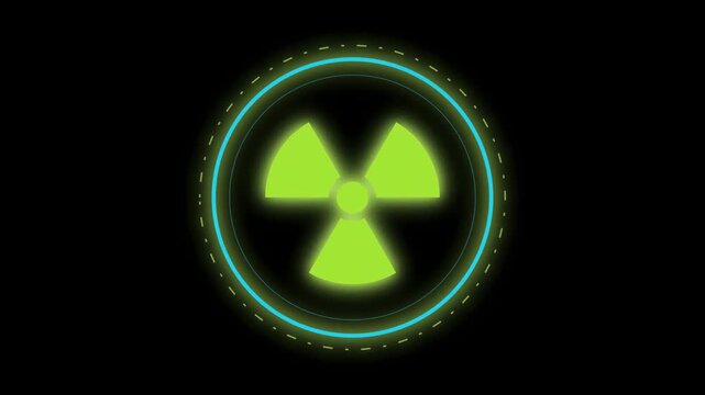 A glowing radioactive symbol set against a dark background with a neon blue circular outline, representing hazard and nuclear energy