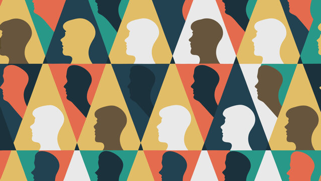 Abstract pattern featuring repeating profiles of human heads in varied tones