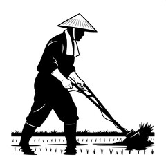 Obraz premium Farmer planting rice in traditional conical hat silhouette illustration