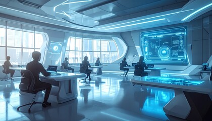Obraz premium Futuristic Meeting Room with Holographic Display and Seated People.