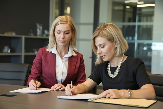 Two businesswomen signing documents at office table