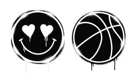 Obraz premium Graffiti smiley face with heart eyes and basketball stencil vector urban street art drip design