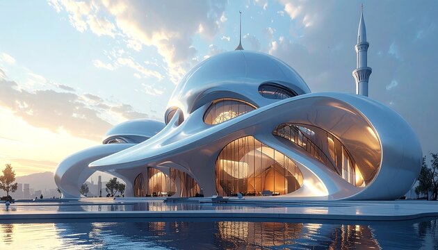 Futuristic Mosque Architecture with Reflective Pool and Serene Sky.