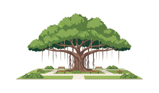 Banyan Tree in University Park Flat Vector Illustration Inspired by Tainan Taiwan Campus Landscape