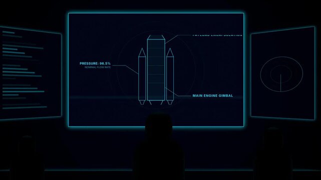 Futuristic Blueprint of a Space Shuttle Displayed on Multiple Screens in a Dark Control Room
