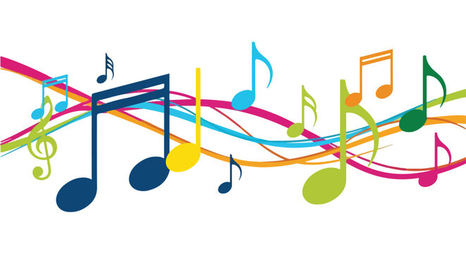 Colorful musical notes on wavy lines