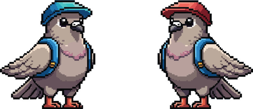 Charming pixel art illustration of two pigeons, each sporting a tiny hat and a blue backpack, standing side by side, one with a blue hat and the other with a red hat.