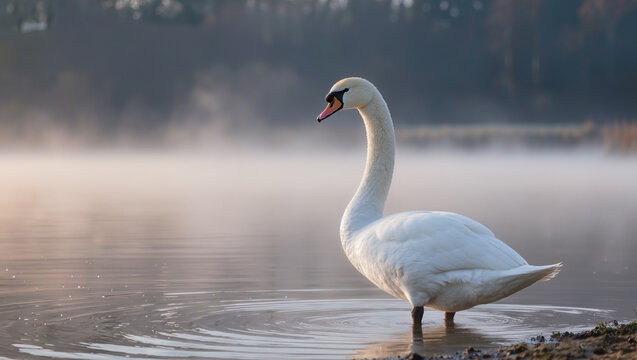 Swan on misty lake with soft morning light shot at 200mm f5.6 ISO 200 serene wildlife scene