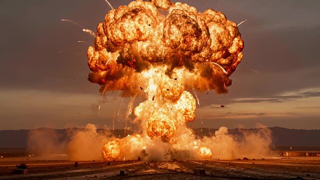 nuclear explosion mushroom cloud over desert road at sunset