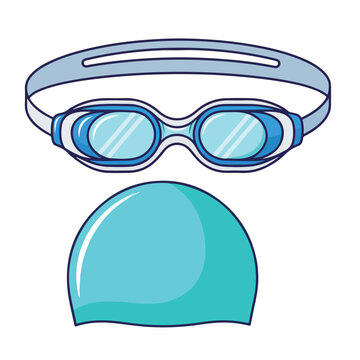 Illustration of swimming goggles and a swim cap, turquoise and white
