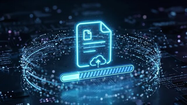 Digital file upload cloud data transfer glowing file icon loading bar dark technology background futuristic interface network connection digital storage data exchange cyber space document file cloud