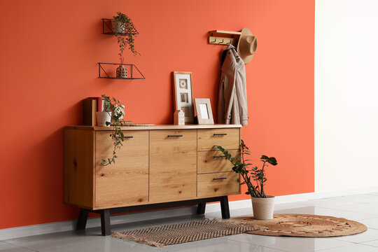 Wooden chest of drawers and houseplants near orange wall in interior of living room