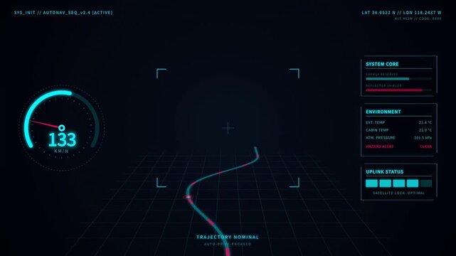 Futuristic dashboard display with speed indicator, navigation route, and system status information on a grid background
