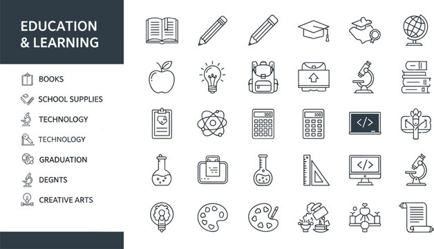 Education and learning line icon set with school supplies technology science graduation and creative arts symbols for academic design