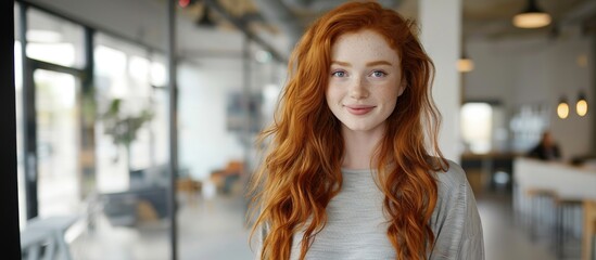 Radiant Woman in Workspace: A portrait of a woman with vibrant red hair, exudes confidence and charm as she poses in a bright, modern office environment.