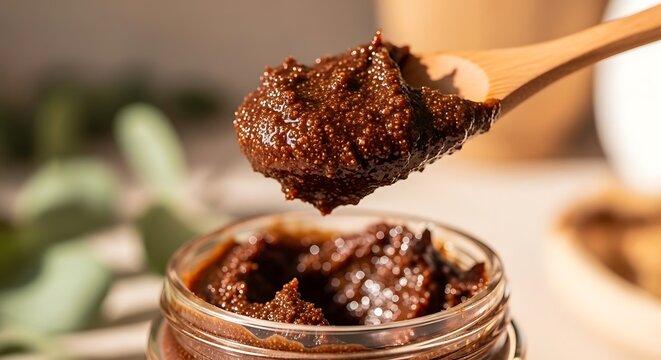 Rich Chocolate Spread being scooped from a glass jar by a wooden spoon with soft natural light illuminating the delicious creamy texture perfect for sweet indulgence and baking recipes