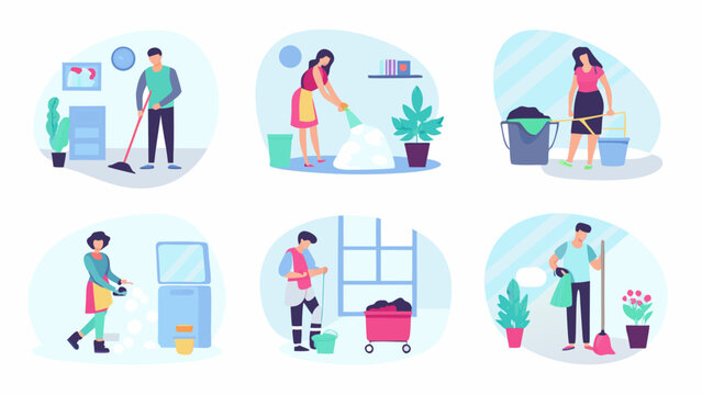 Illustrations depict people performing various household cleaning chores indoors