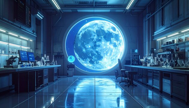 Futuristic Science Lab with Holographic Moon Display and Equipment.
