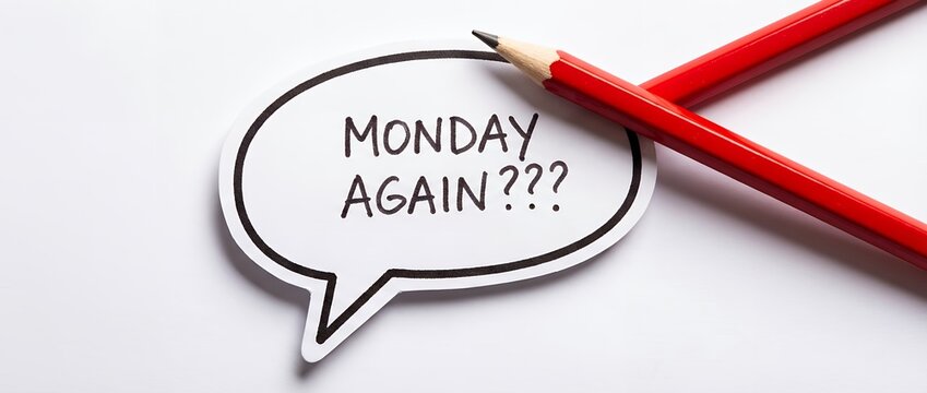 A speech bubble with the text MONDAY AGAIN written inside next to two red pencils on a white surface message question writing stationery concept idea communication cartoon