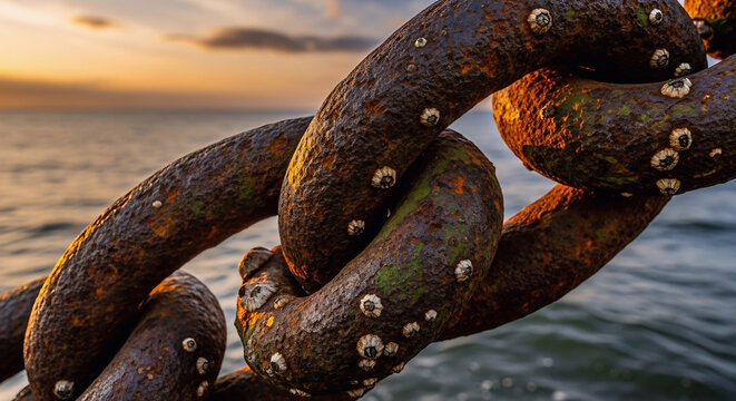 Detail Rantai Besi Besar yang Berkarat dan Tumbuh Teritip di Pinggir Laut Saat Senja
