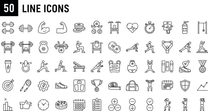 Fitness gym line icon set with workout equipment training exercise and bodybuilding symbols for sports apps and web design